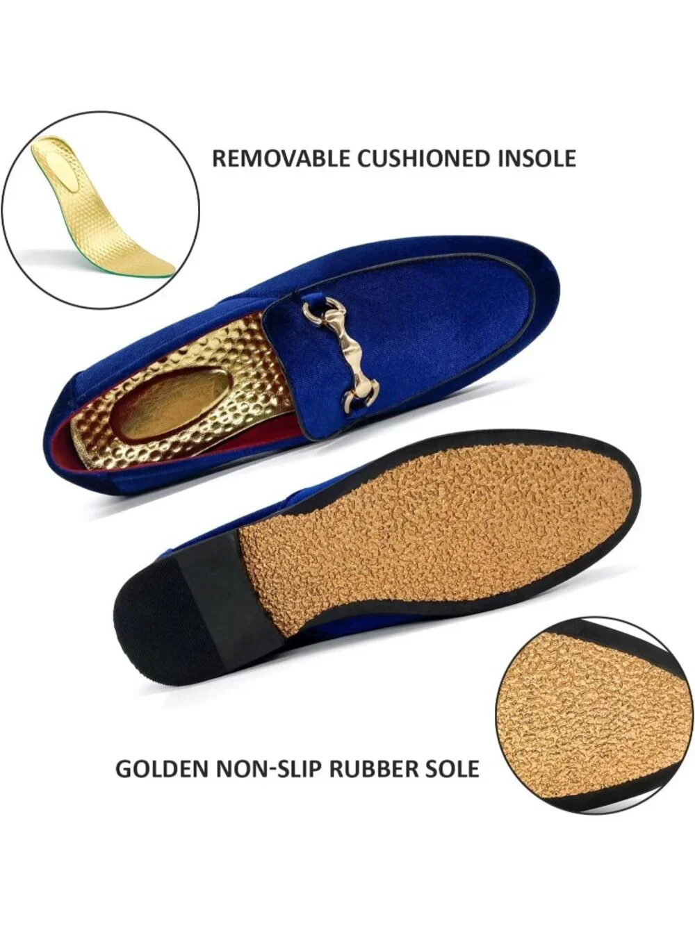 Mens Royal Blue Velvet Glitter Suede Gold Bit Slip On Loafer Slipper Dress Shoes